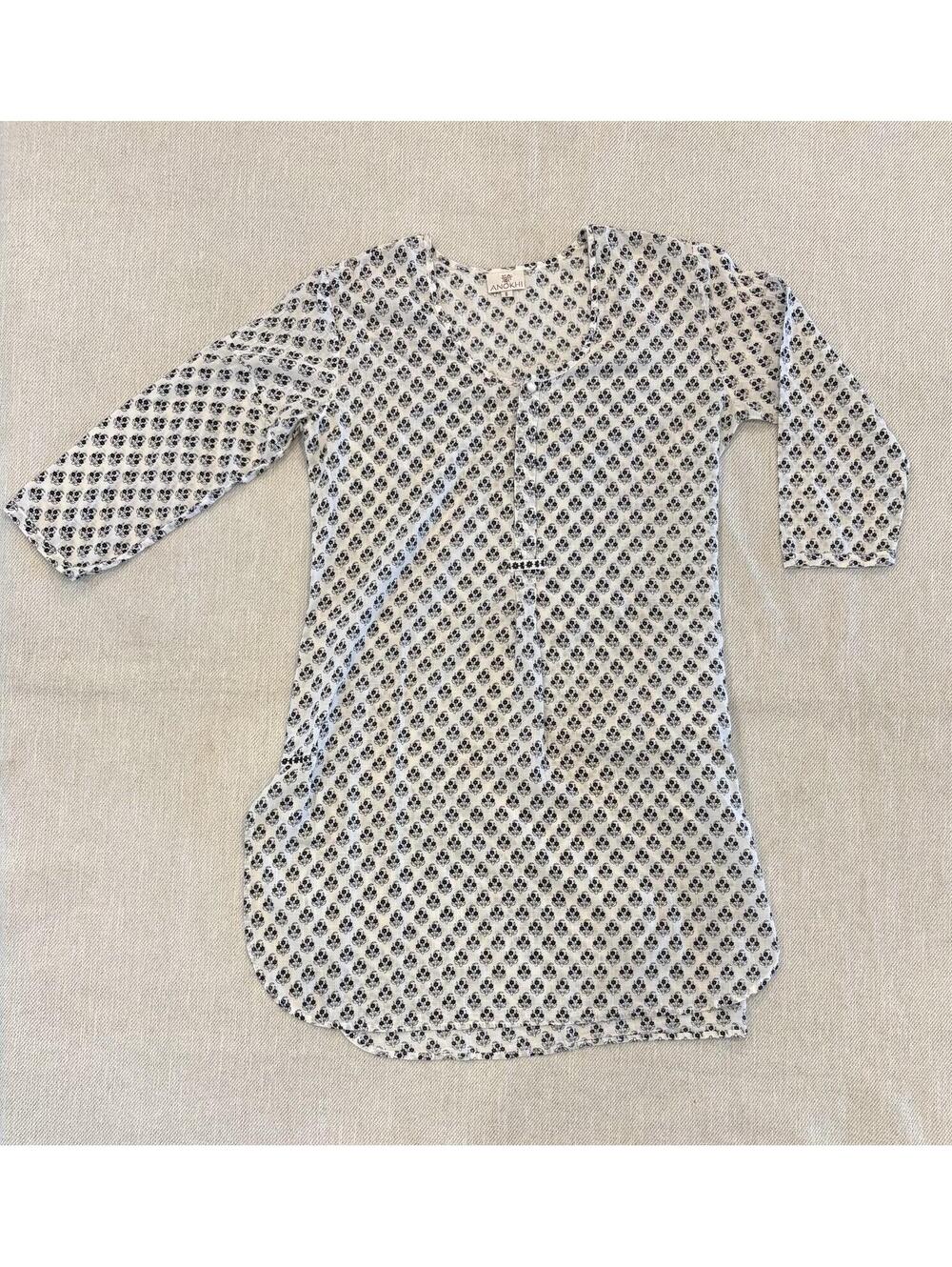 Anokhi Tunic Dress Blouse White Black Floral India Cotton Size Small